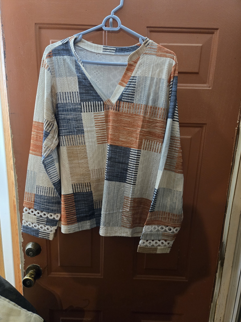 Women's Patchwork V-Neck Long Sleeve Shirt - Multi-Color